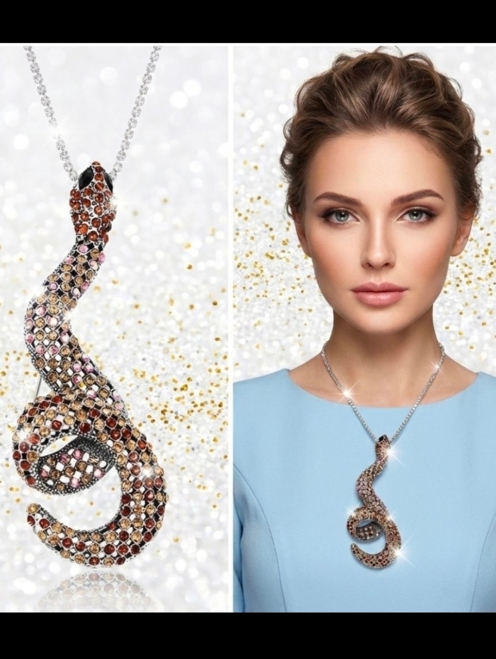 Silver plated Orange and white crystal Snake necklace/brooch